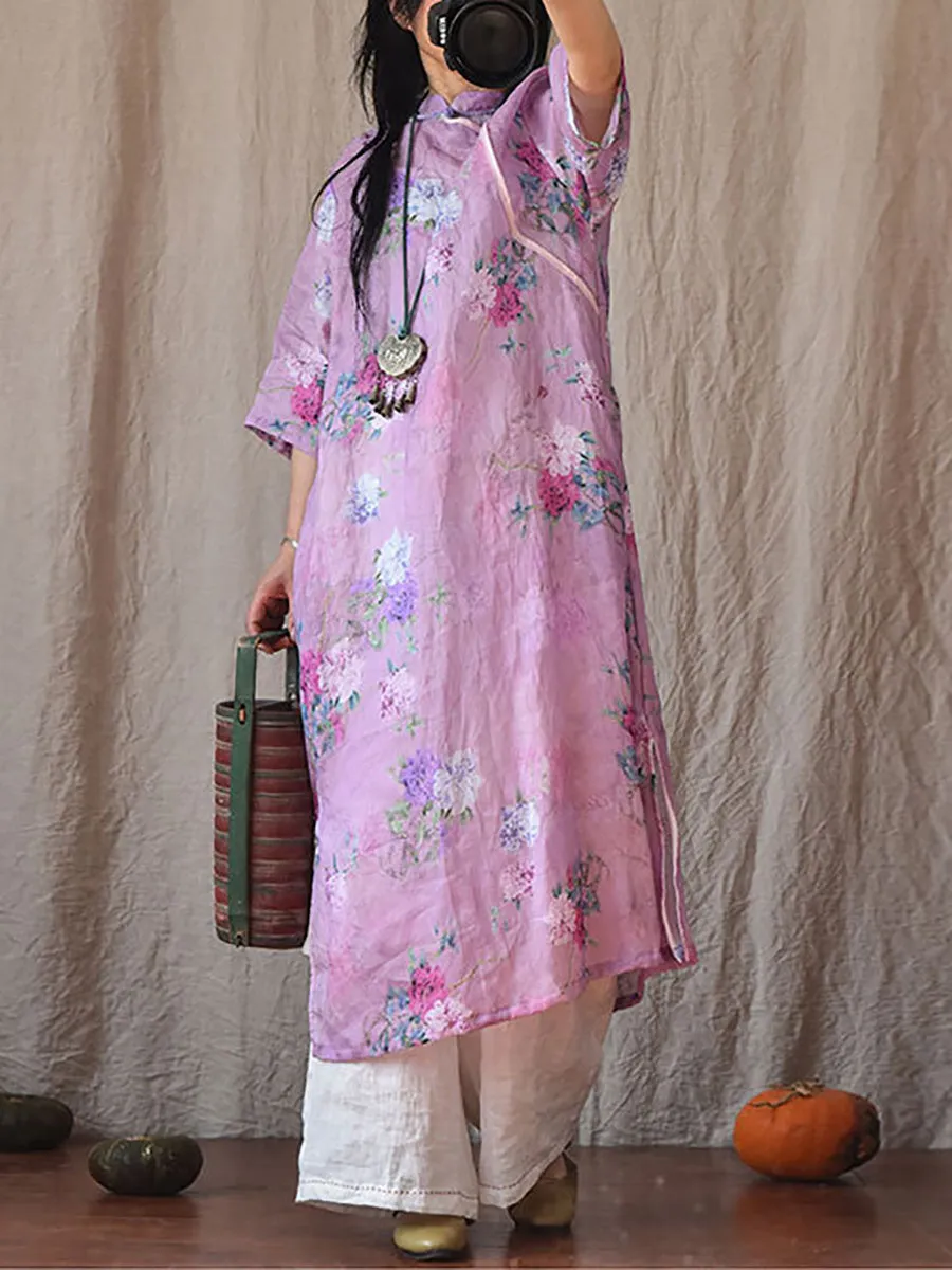 Women Vintage Summer Floral Ramie Robe Dress CO1022