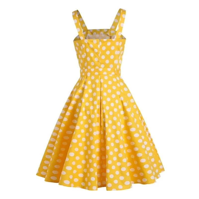 Yellow 50s Pinup Vintage Button Front Polka Dot Summer Tank Belted Cotton Midi Dress