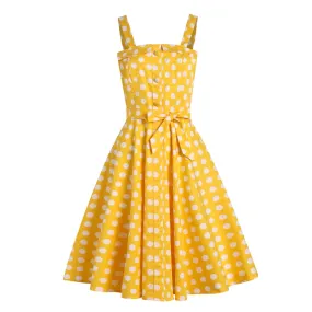 Yellow 50s Pinup Vintage Button Front Polka Dot Summer Tank Belted Cotton Midi Dress