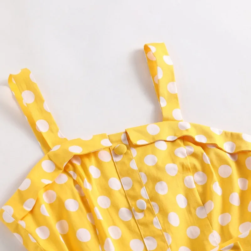 Yellow 50s Pinup Vintage Button Front Polka Dot Summer Tank Belted Cotton Midi Dress