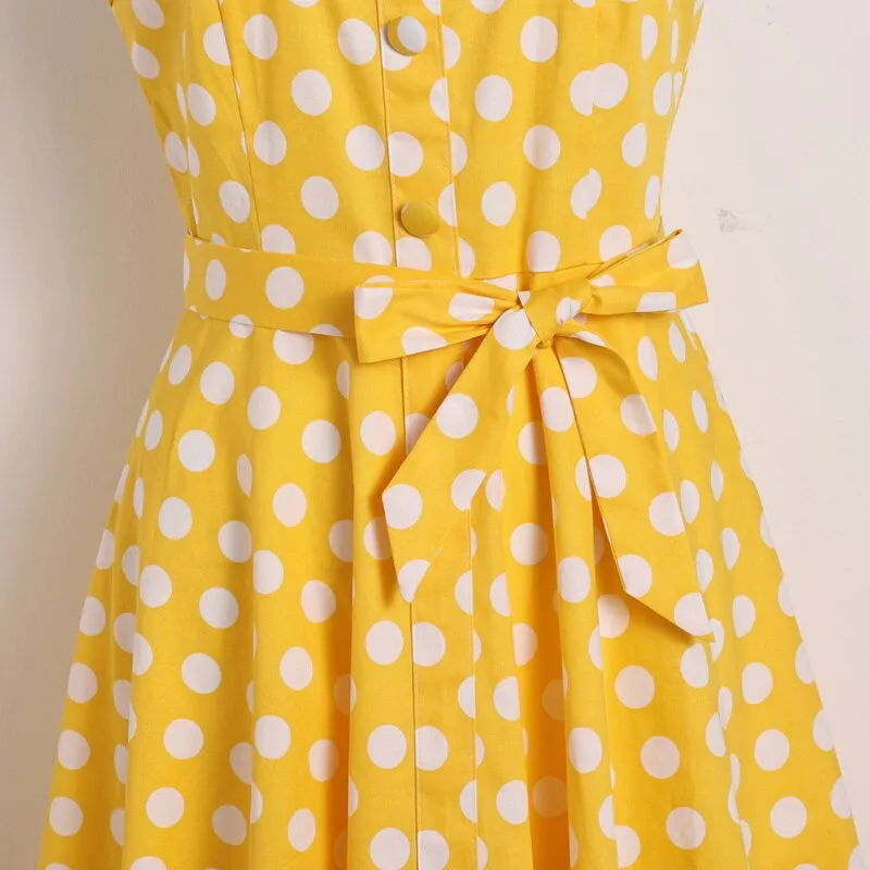 Yellow 50s Pinup Vintage Button Front Polka Dot Summer Tank Belted Cotton Midi Dress